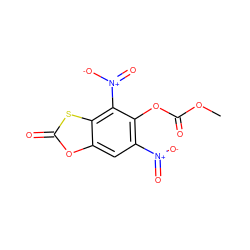 COC(=O)Oc1c([N+](=O)[O-])cc2oc(=O)sc2c1[N+](=O)[O-] ZINC000002186720