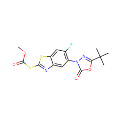 COC(=O)Sc1nc2cc(-n3nc(C(C)(C)C)oc3=O)c(F)cc2s1 ZINC000103206550