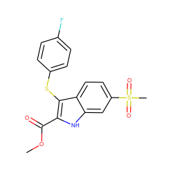 COC(=O)c1[nH]c2cc(S(C)(=O)=O)ccc2c1Sc1ccc(F)cc1 ZINC000028377826