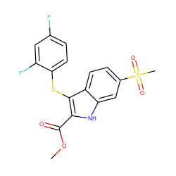 COC(=O)c1[nH]c2cc(S(C)(=O)=O)ccc2c1Sc1ccc(F)cc1F ZINC000028380189