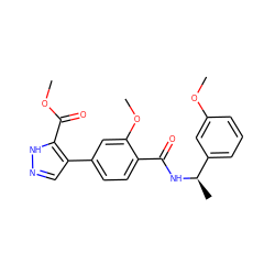 COC(=O)c1[nH]ncc1-c1ccc(C(=O)N[C@H](C)c2cccc(OC)c2)c(OC)c1 ZINC000224679583