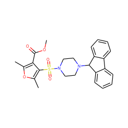 COC(=O)c1c(C)oc(C)c1S(=O)(=O)N1CCN(C2c3ccccc3-c3ccccc32)CC1 ZINC000019835215