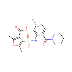 COC(=O)c1c(C)oc(C)c1S(=O)(=O)Nc1cc(Br)ccc1C(=O)N1CCCCC1 ZINC000028969424