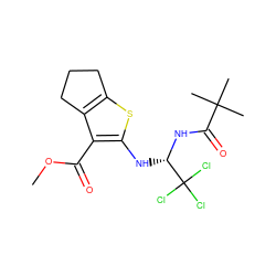 COC(=O)c1c(N[C@H](NC(=O)C(C)(C)C)C(Cl)(Cl)Cl)sc2c1CCC2 ZINC000000822204