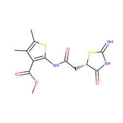 COC(=O)c1c(NC(=O)C[C@@H]2SC(=N)NC2=O)sc(C)c1C ZINC000002477290