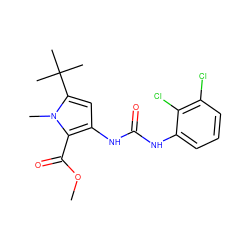 COC(=O)c1c(NC(=O)Nc2cccc(Cl)c2Cl)cc(C(C)(C)C)n1C ZINC000028223421