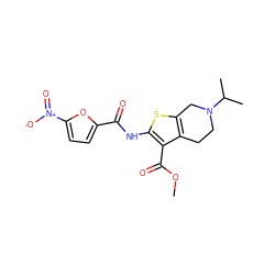 COC(=O)c1c(NC(=O)c2ccc([N+](=O)[O-])o2)sc2c1CCN(C(C)C)C2 ZINC000004223562