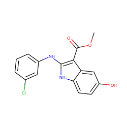 COC(=O)c1c(Nc2cccc(Cl)c2)[nH]c2ccc(O)cc12 ZINC000040938803