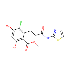 COC(=O)c1c(O)cc(O)c(Cl)c1CCC(=O)Nc1nccs1 ZINC000299838748