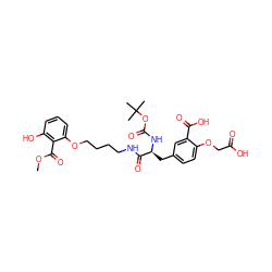 COC(=O)c1c(O)cccc1OCCCCNC(=O)[C@H](Cc1ccc(OCC(=O)O)c(C(=O)O)c1)NC(=O)OC(C)(C)C ZINC000026838850