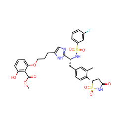 COC(=O)c1c(O)cccc1OCCCc1cnc([C@@H](Cc2ccc([C@@H]3CC(=O)NS3(=O)=O)c(C)c2)NS(=O)(=O)c2cccc(F)c2)[nH]1 ZINC000028978108