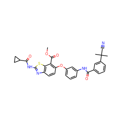 COC(=O)c1c(Oc2cccc(NC(=O)c3cccc(C(C)(C)C#N)c3)c2)ccc2nc(NC(=O)C3CC3)sc12 ZINC000103250631