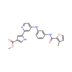 COC(=O)c1c[nH]c(-c2cc(Nc3cccc(NC(=O)c4occc4C)c3)ccn2)c1 ZINC000116236112