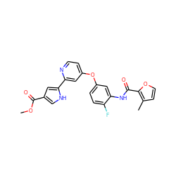 COC(=O)c1c[nH]c(-c2cc(Oc3ccc(F)c(NC(=O)c4occc4C)c3)ccn2)c1 ZINC000116235708