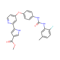 COC(=O)c1c[nH]c(-c2cc(Oc3ccc(NC(=O)Nc4cc(C)ccc4F)cc3)ccn2)c1 ZINC000116235507