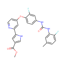 COC(=O)c1c[nH]c(-c2cc(Oc3ccc(NC(=O)Nc4cc(C)ccc4F)cc3F)ccn2)c1 ZINC000116235350