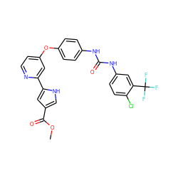 COC(=O)c1c[nH]c(-c2cc(Oc3ccc(NC(=O)Nc4ccc(Cl)c(C(F)(F)F)c4)cc3)ccn2)c1 ZINC000168928886