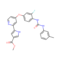 COC(=O)c1c[nH]c(-c2cc(Oc3ccc(NC(=O)Nc4cccc(C)c4)c(F)c3)ccn2)c1 ZINC000168975870