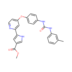 COC(=O)c1c[nH]c(-c2cc(Oc3ccc(NC(=O)Nc4cccc(C)c4)cc3)ccn2)c1 ZINC000116235814