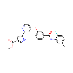 COC(=O)c1c[nH]c(-c2cc(Oc3cccc(C(=O)Nc4cc(C)ccc4F)c3)ccn2)c1 ZINC000116235524