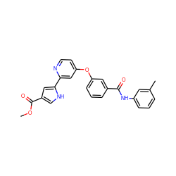 COC(=O)c1c[nH]c(-c2cc(Oc3cccc(C(=O)Nc4cccc(C)c4)c3)ccn2)c1 ZINC000116235774