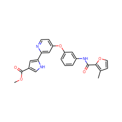 COC(=O)c1c[nH]c(-c2cc(Oc3cccc(NC(=O)c4occc4C)c3)ccn2)c1 ZINC000116235509