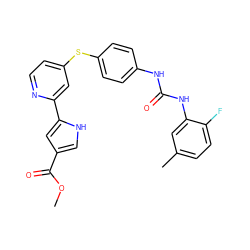 COC(=O)c1c[nH]c(-c2cc(Sc3ccc(NC(=O)Nc4cc(C)ccc4F)cc3)ccn2)c1 ZINC000116238262