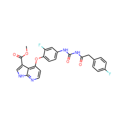 COC(=O)c1c[nH]c2nccc(Oc3ccc(NC(=O)NC(=O)Cc4ccc(F)cc4)cc3F)c12 ZINC000040973748