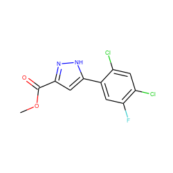 COC(=O)c1cc(-c2cc(F)c(Cl)cc2Cl)[nH]n1 ZINC000064480318