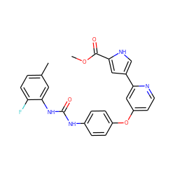 COC(=O)c1cc(-c2cc(Oc3ccc(NC(=O)Nc4cc(C)ccc4F)cc3)ccn2)c[nH]1 ZINC000116235822