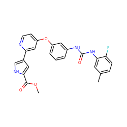 COC(=O)c1cc(-c2cc(Oc3cccc(NC(=O)Nc4cc(C)ccc4F)c3)ccn2)c[nH]1 ZINC000116235805