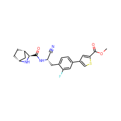 COC(=O)c1cc(-c2ccc(C[C@@H](C#N)NC(=O)[C@H]3N[C@@H]4CC[C@H]3C4)c(F)c2)cs1 ZINC000219319052