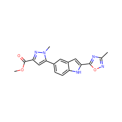 COC(=O)c1cc(-c2ccc3[nH]c(-c4nc(C)no4)cc3c2)n(C)n1 ZINC000147438792