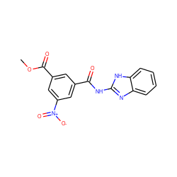 COC(=O)c1cc(C(=O)Nc2nc3ccccc3[nH]2)cc([N+](=O)[O-])c1 ZINC000013082472