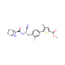 COC(=O)c1cc(C)c(-c2ccc(C[C@@H](C#N)NC(=O)[C@H]3N[C@@H]4CC[C@H]3C4)c(F)c2)s1 ZINC000219297749