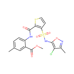 COC(=O)c1cc(C)ccc1NC(=O)c1sccc1S(=O)(=O)Nc1onc(C)c1Cl ZINC000026155213