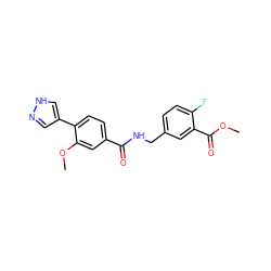 COC(=O)c1cc(CNC(=O)c2ccc(-c3cn[nH]c3)c(OC)c2)ccc1F ZINC001772648043