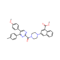 COC(=O)c1cc(N2CCN(C(=O)c3ncc(-c4ccc(OC)cc4)c(-c4ccc(C)cc4)n3)CC2)cc2ccccc12 ZINC000071317869