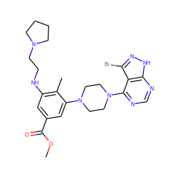 COC(=O)c1cc(NCCN2CCCC2)c(C)c(N2CCN(c3ncnc4[nH]nc(Br)c34)CC2)c1 ZINC000084596321