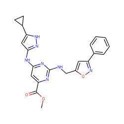 COC(=O)c1cc(Nc2cc(C3CC3)[nH]n2)nc(NCc2cc(-c3ccccc3)no2)n1 ZINC000035801159
