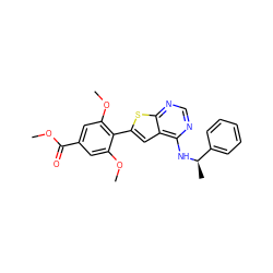 COC(=O)c1cc(OC)c(-c2cc3c(N[C@H](C)c4ccccc4)ncnc3s2)c(OC)c1 ZINC000653686931