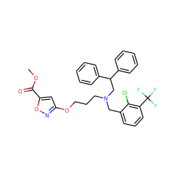 COC(=O)c1cc(OCCCN(Cc2cccc(C(F)(F)F)c2Cl)CC(c2ccccc2)c2ccccc2)no1 ZINC000042877029