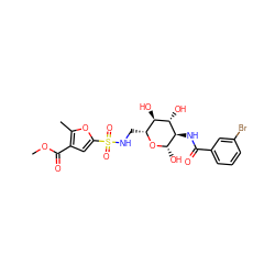 COC(=O)c1cc(S(=O)(=O)NC[C@H]2O[C@@H](O)[C@H](NC(=O)c3cccc(Br)c3)[C@@H](O)[C@@H]2O)oc1C ZINC000653872969