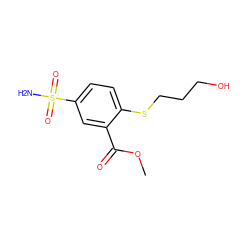 COC(=O)c1cc(S(N)(=O)=O)ccc1SCCCO ZINC000013825327