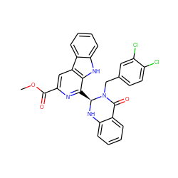 COC(=O)c1cc2c([nH]c3ccccc32)c([C@@H]2Nc3ccccc3C(=O)N2Cc2ccc(Cl)c(Cl)c2)n1 ZINC000653775380