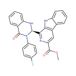 COC(=O)c1cc2c([nH]c3ccccc32)c([C@@H]2Nc3ccccc3C(=O)N2c2ccc(F)cc2)n1 ZINC000653747925