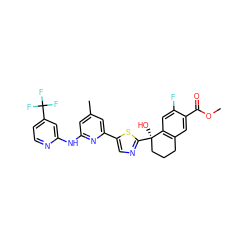 COC(=O)c1cc2c(cc1F)[C@](O)(c1ncc(-c3cc(C)cc(Nc4cc(C(F)(F)F)ccn4)n3)s1)CCC2 ZINC000142286028