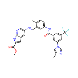 COC(=O)c1cc2cc(NCc3cc(NC(=O)c4cc(-n5cnc(C)c5)cc(C(F)(F)F)c4)ccc3C)cnc2[nH]1 ZINC000166672512