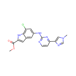 COC(=O)c1cc2cc(Nc3nccc(-c4cn(C)cn4)n3)cc(Cl)c2[nH]1 ZINC000221526125