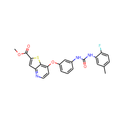 COC(=O)c1cc2nccc(Oc3cccc(NC(=O)Nc4cc(C)ccc4F)c3)c2s1 ZINC000068250562